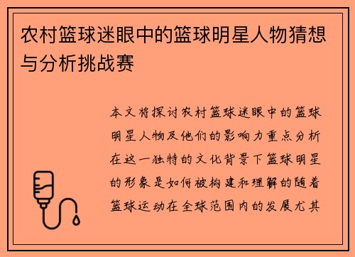 农村篮球迷眼中的篮球明星人物猜想与分析挑战赛