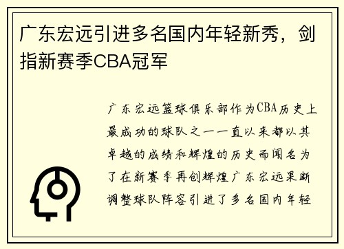 广东宏远引进多名国内年轻新秀，剑指新赛季CBA冠军
