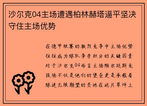 沙尔克04主场遭遇柏林赫塔逼平坚决守住主场优势